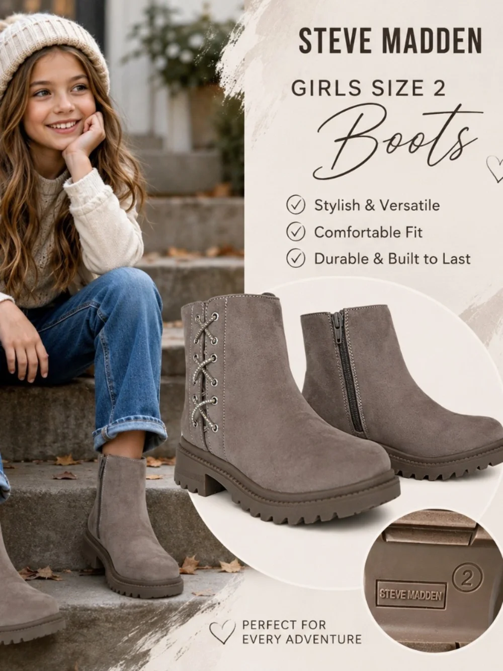 Steve Madden Taupe Lug Sole Ankle Boots | Girls Size 2 | Side Zip | EUC